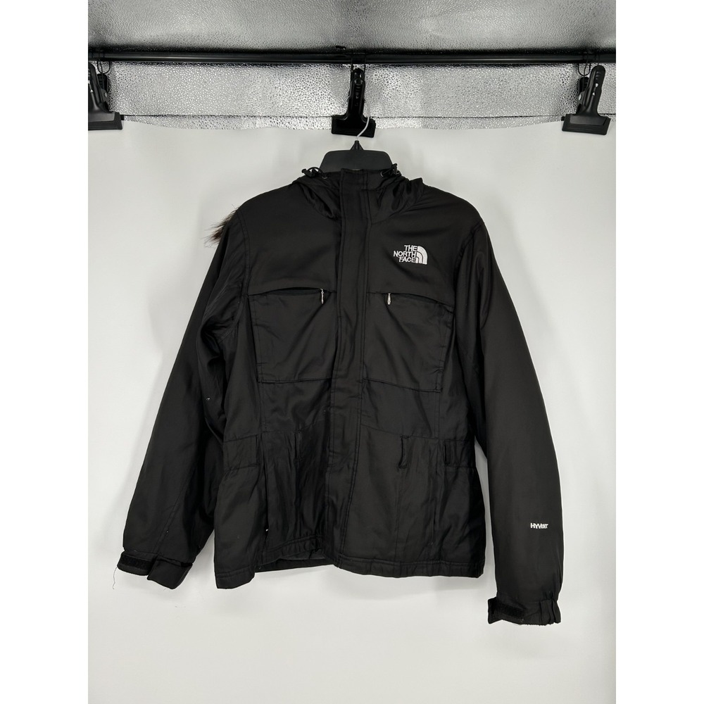The North Face HyVent Parka Jacket Women's Medium Black‎ Down Hooded Faux Fur